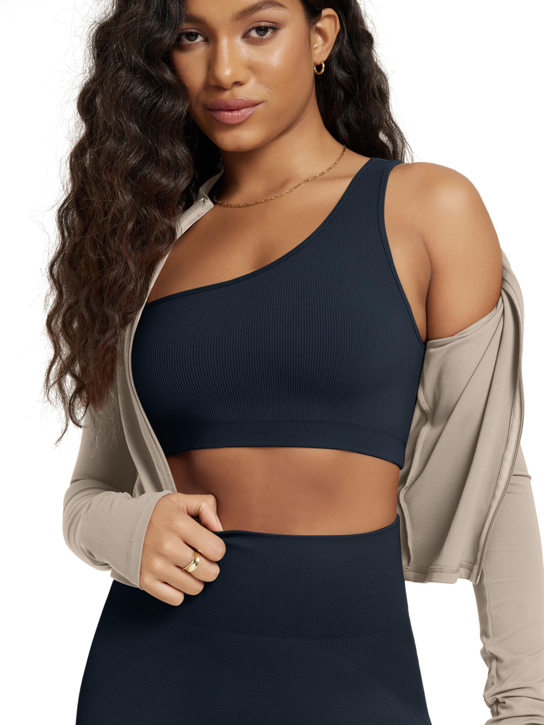 ODODOS Seamless One Shoulder Sports Bra for Women Ribbed Asymmetrical Non Padded Yoga Crop Tank Tops