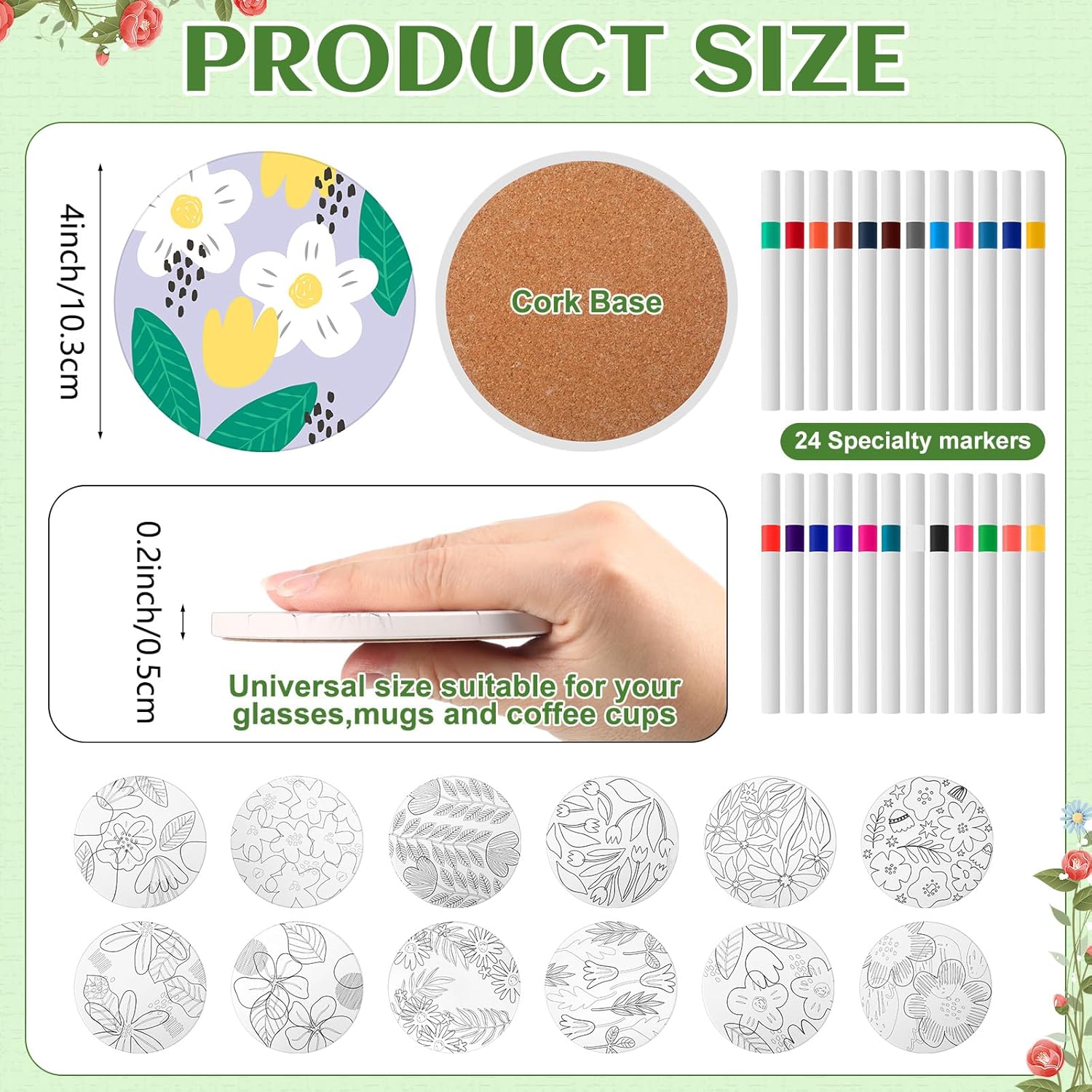 Potchen 12 Pcs Flower Coasters Color Your Own Coaster Ceramic DIY Kits for Adults Absorbent Spring Floral Drink Coasters with Cork Base and 12 Markers for Adult Home Table DIY Crafts Gift