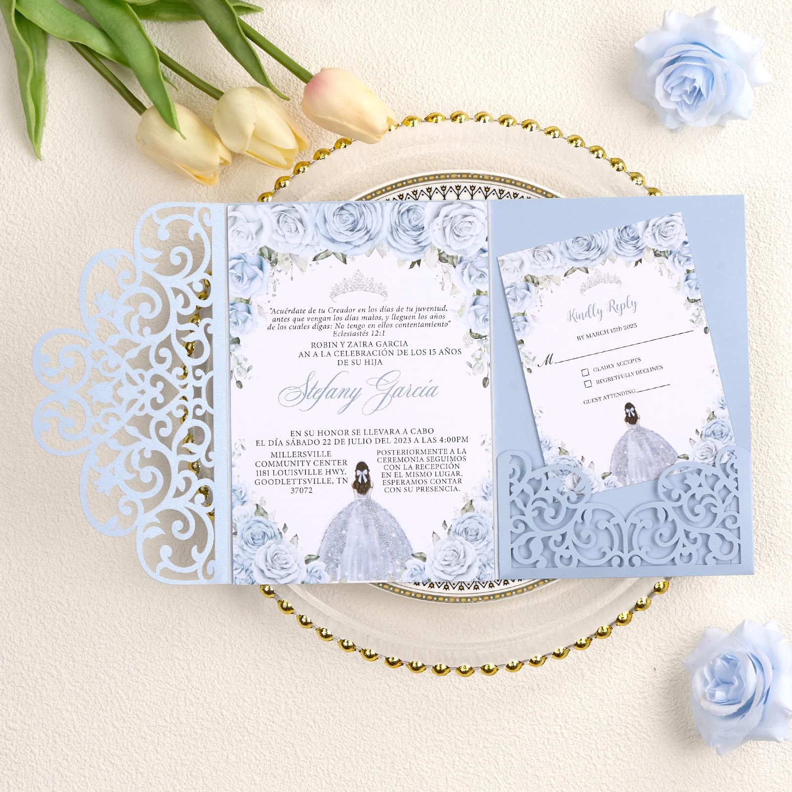 Crisjanggo Laser Cut Wedding Invitations Haze Blue Tri-Fold Personalized Birthday Invitations 50Pcs with Envelops and RSVP Cards for Wedding Bridal