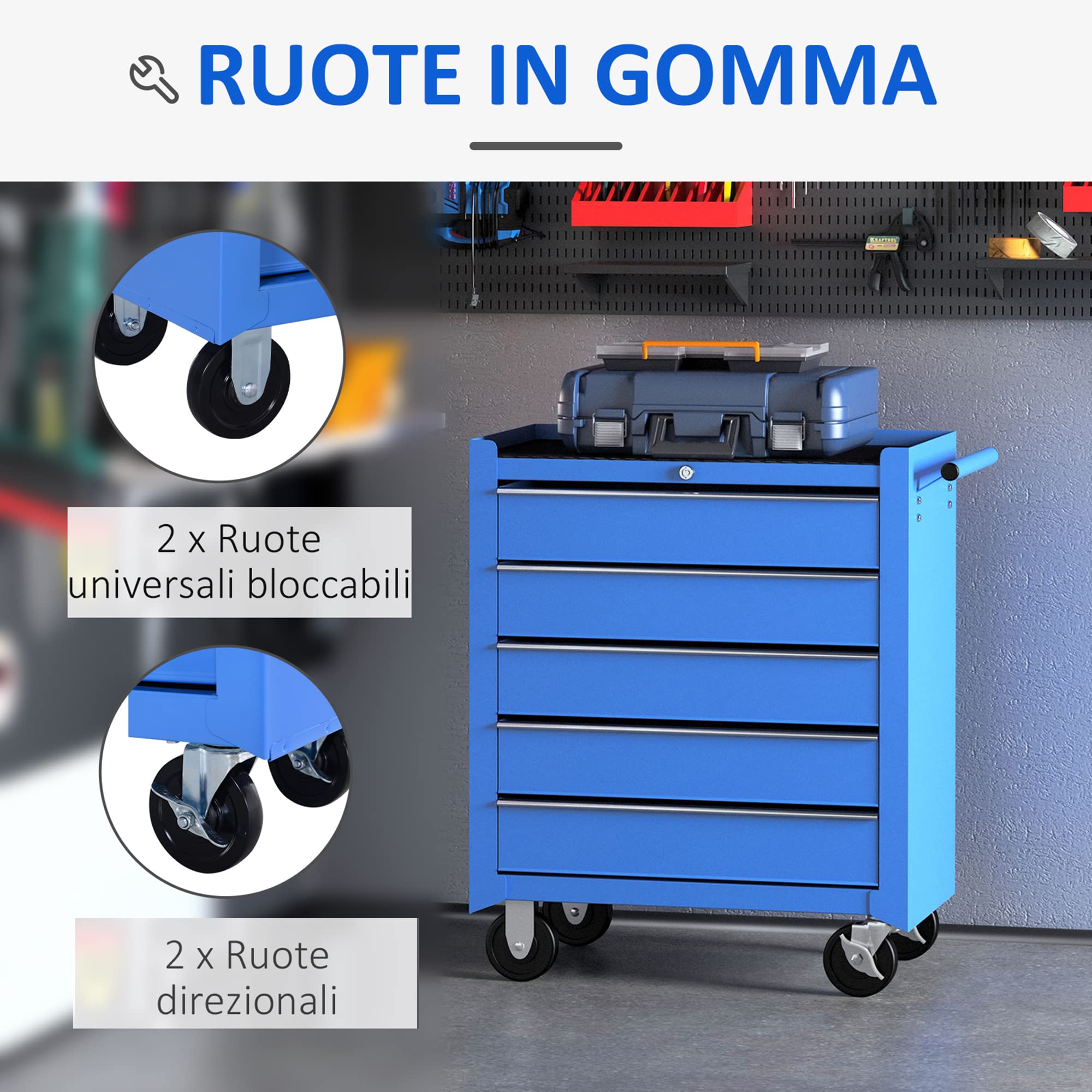 HOMCOM Carrello da Officina 5 Cassetti con Ruote in Metallo Blu 67.5x33x77cm