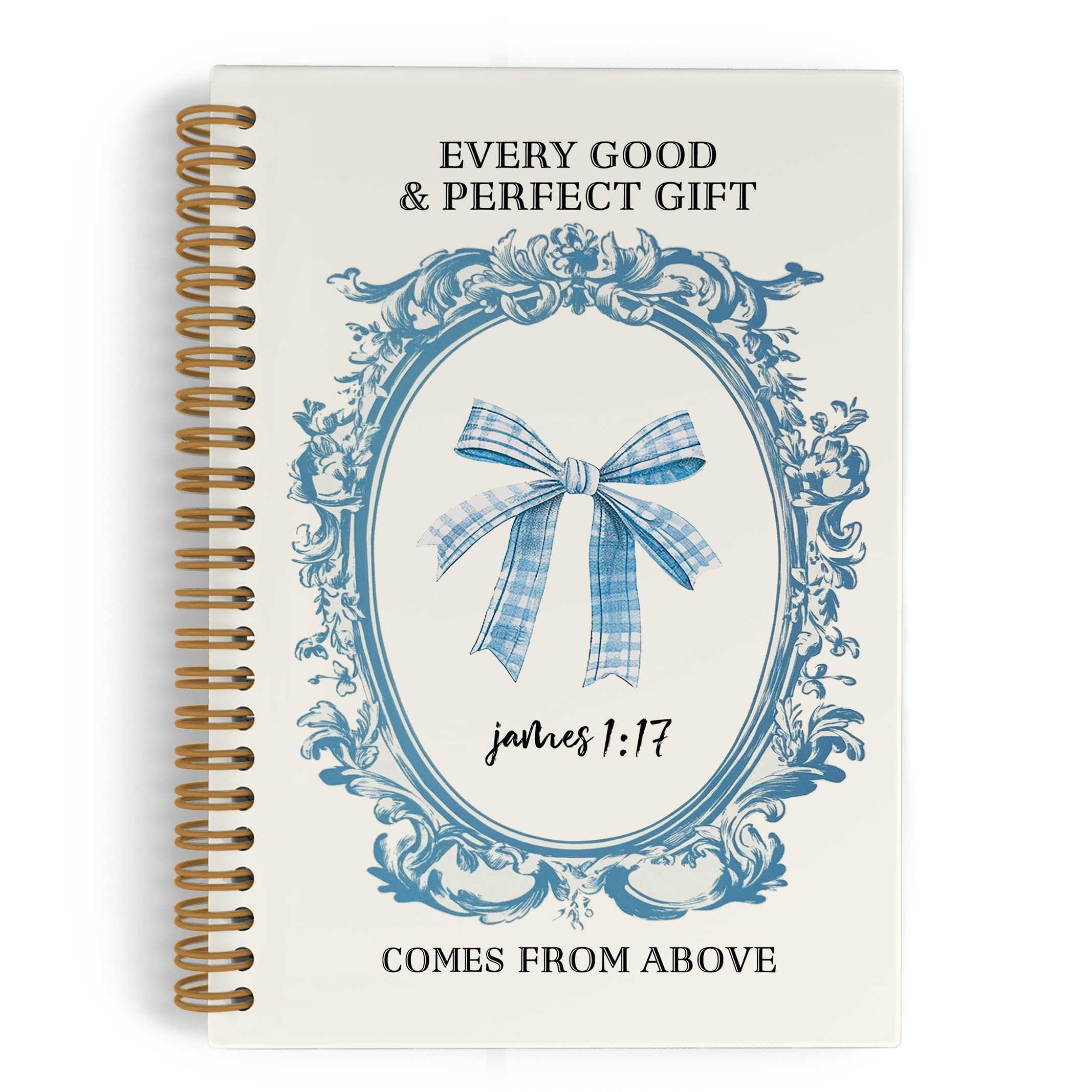 QLMX Blue Bow Christian Spiral Notebook for Women, Coquette Bible Journal Notebook for School Work, Bible Notebooks for Note Taking, James 1:17 Office
