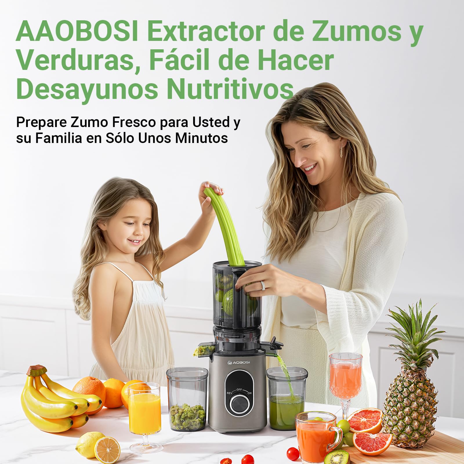 AAOBOSI Extractor de Zumos y Verduras, Slow Juicer 110MM de Gran Apertur, Fácil De Limpiar, con función de masticación inversa, sin BPA, Apto para Frutas y Verduras, Con 2 Tazas y Cepillo