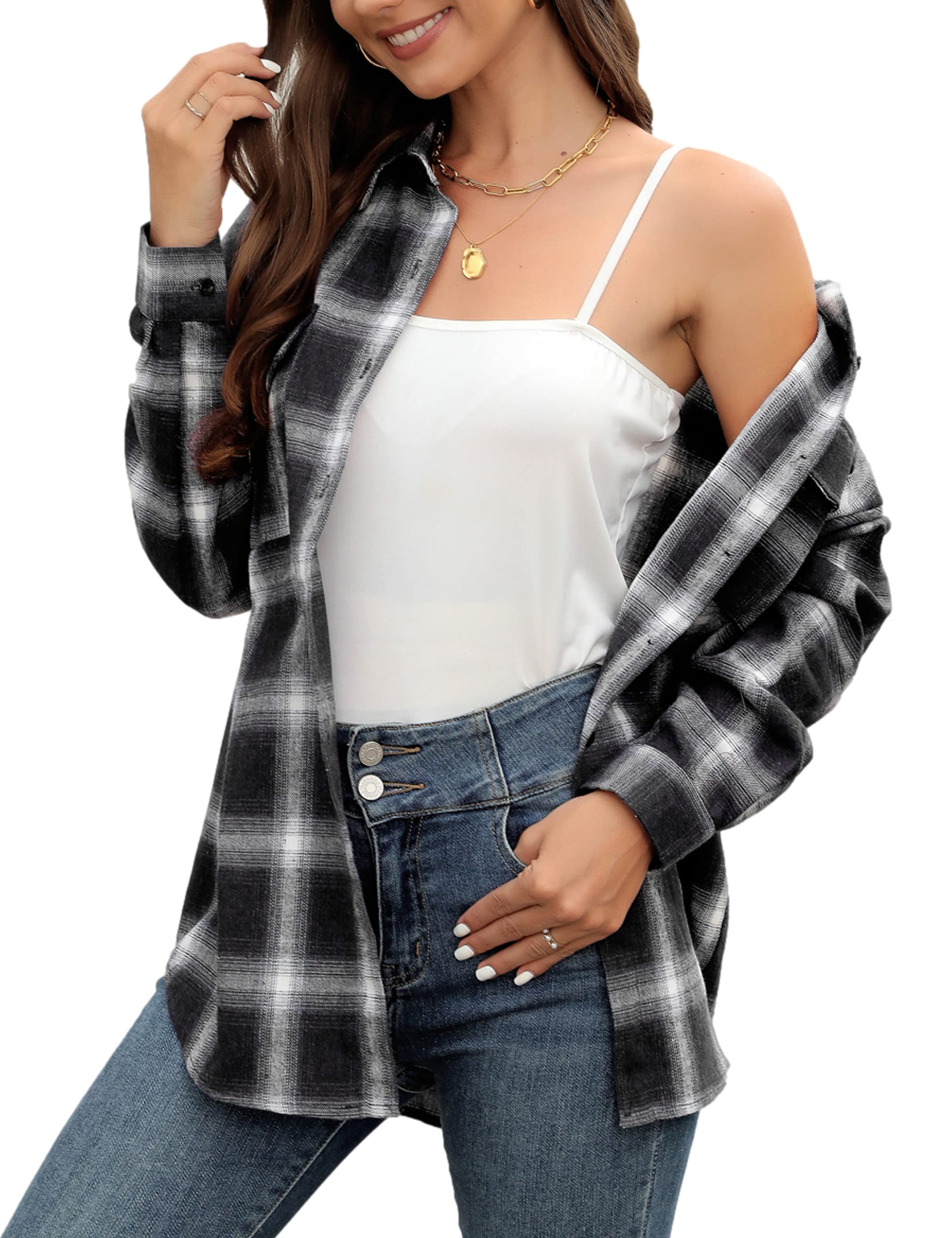 Zontroldy Camisa de franela a cuadros para mujer, de gran tamaño, ligera, con botones