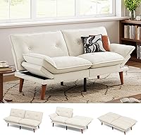 LINSY HOME 70" Chenille Futon Sofa Bed, 3-in-1 Convertible Loveseat Sleeper with Adjustable Arms for Small Spaces, Dorm, Apartment - Beige White