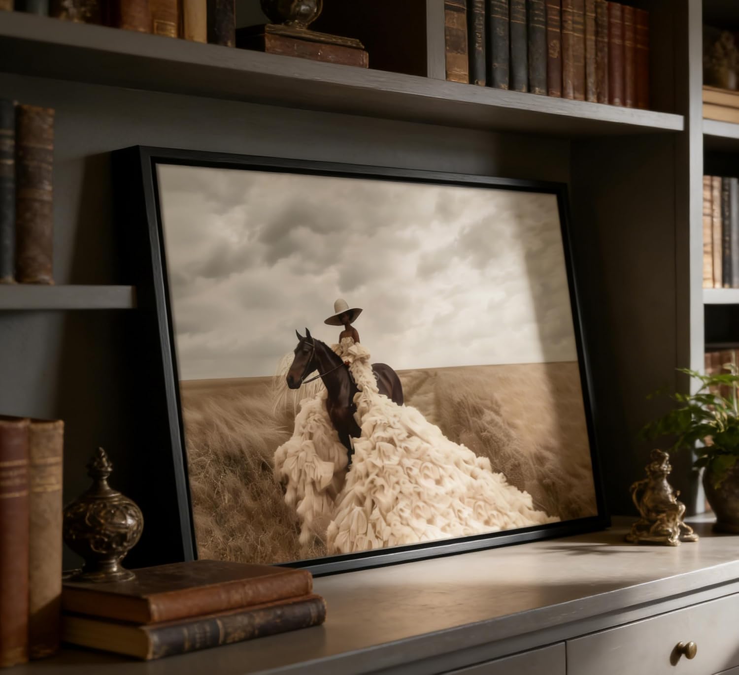 Framed Fashion Black Girl Riding Horse Canvas Wall Art Trendy African American Black Woman Painting Picture Wall Decor Cowgirl Poster Print Artwork for Living Room Gallery Home Decoration 12x16in