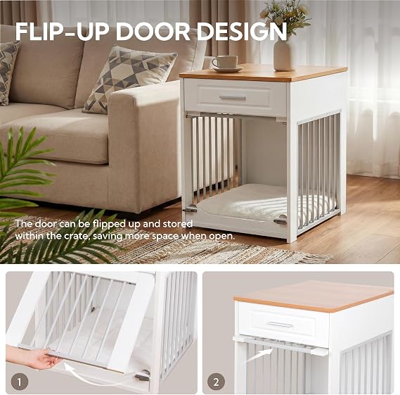 Dog Crate for Small Dog, Wooden Dog Cage with Flip-Up Door, White | Wooden Dog Crate Furniture with Lockable Door and Drawer, Indoor Puppy Kennel End Side Table, Decorative Puppy House