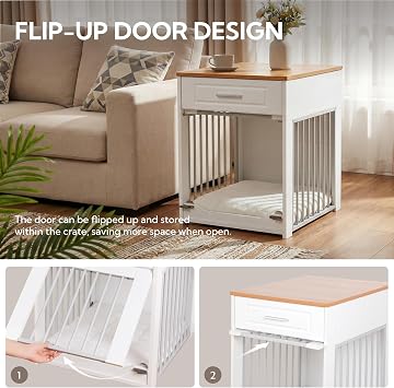 Dog Crate for Small Dog, Wooden Dog Cage with Flip-Up Door, White | Wooden Dog Crate Furniture with Lockable Door and Drawer, Indoor Puppy Kennel End Side Table, Decorative Puppy House