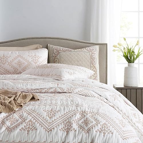 Miniatura 2 de mixinni Juego de colcha de edredón de algodón impreso con patrón de bordado blanco tamaño King