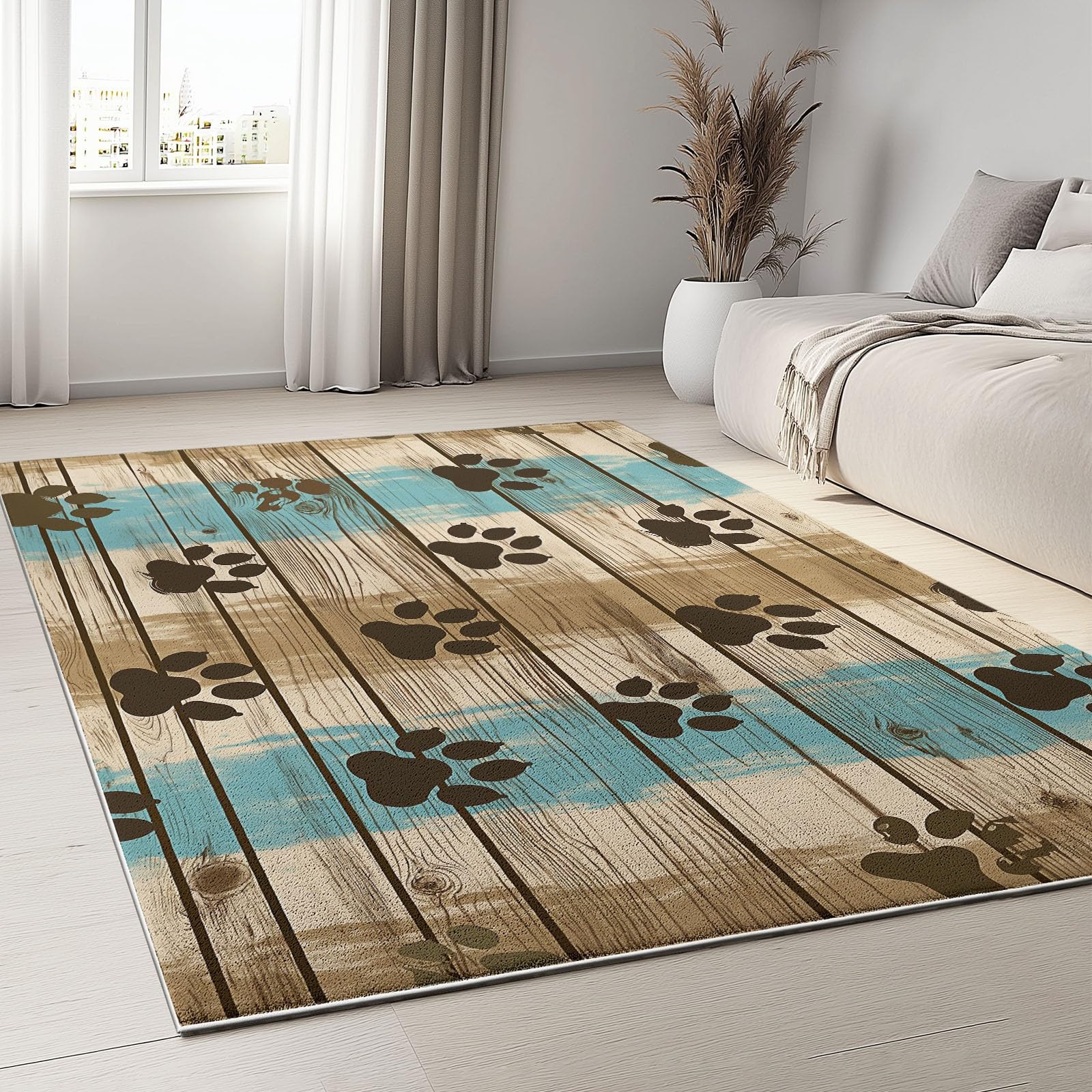 Alfombra Salón 120 x 170 cm Lavable Alfombra de Suave Pelo Corto Dormitorio Alfombra de Comedor Textura Animal Huella De Pata Decoración del Hogar Alfombra Antideslizante Marrón Azul