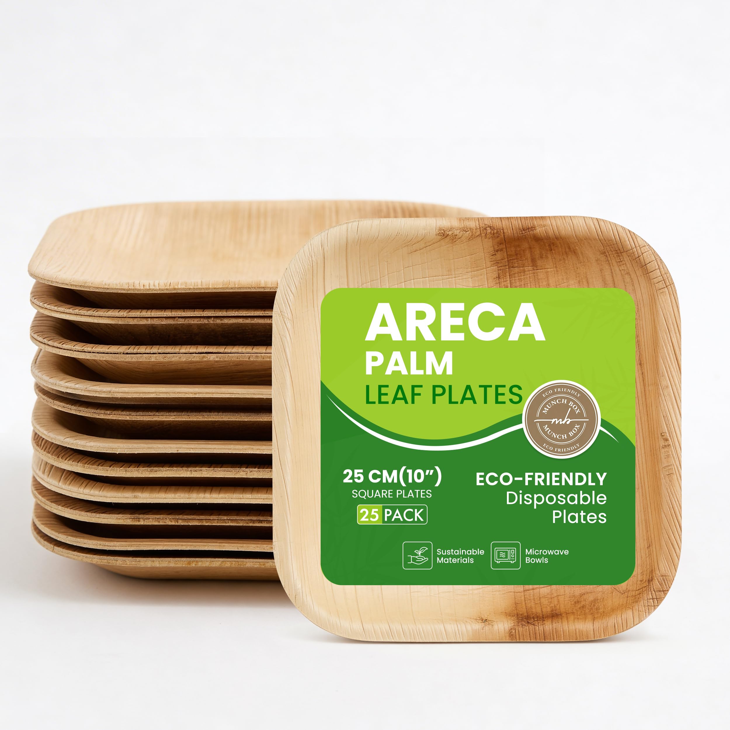 MUNCH BOX Disposable Plates, 10" Square Areca Palm Leaf Plates Eco-Friendly – Biodegradable, Compostable, Microwave Like Wooden, Bamboo Bowls for Party, Hot Food, Soups, and Events (25 Pcs)