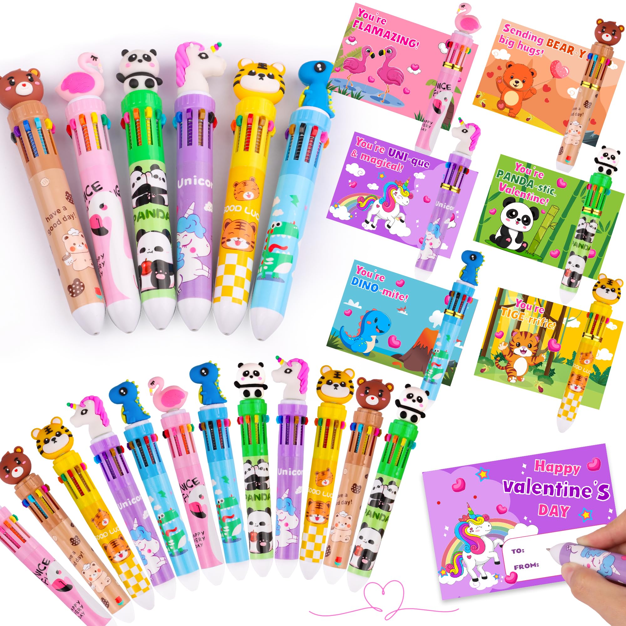 Photo 1 of 24 Pack Valentines Day Gifts for Kids Classroom Valentines Cards with Multicolor Ballpoint Pen for Kids School Exchange Gifts 10 In 1 Color Pen Valentines for Class Boys Girls Valentines Party Favors