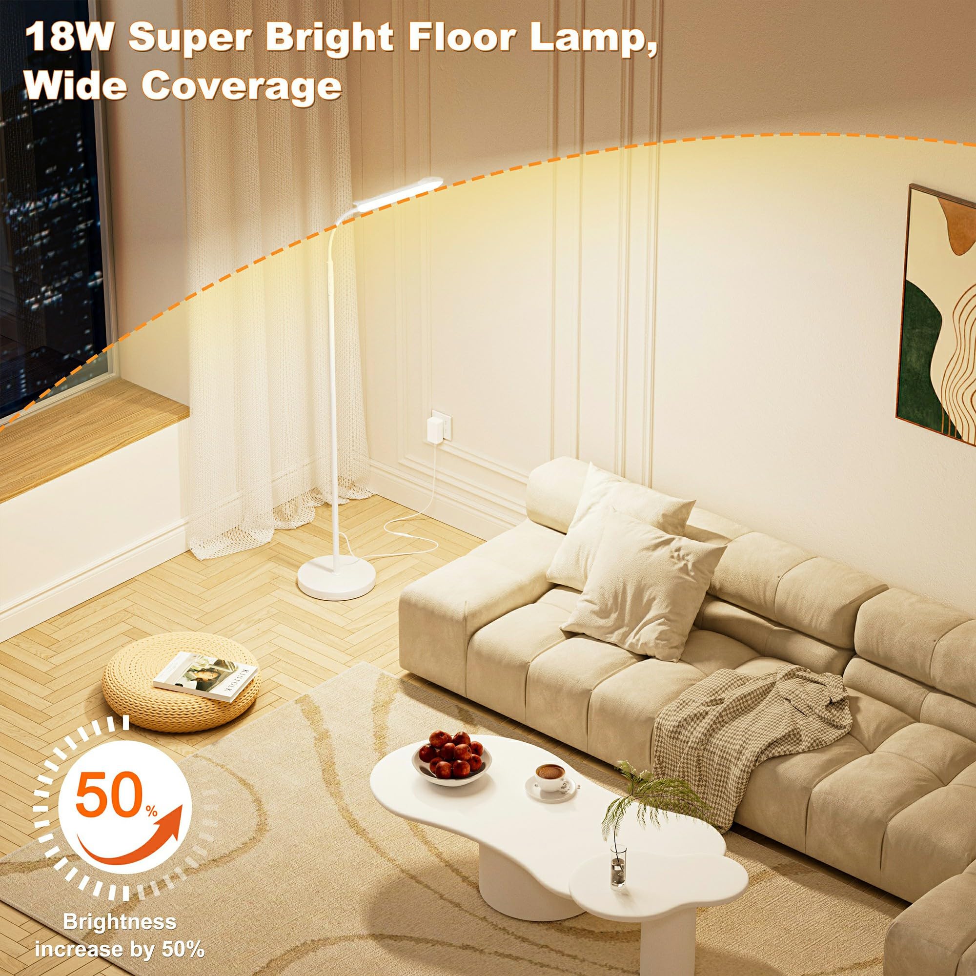 Lampada da Terra LED Dimmerabile, 18W 1800LM Luminoso Lettura Piantana Bianco con 4 temperatura di Colore,Telecomando Magnetico, Collo D'oca Flessibili a 360°,Timer 1H, per Soggiorno Letto Ufficio