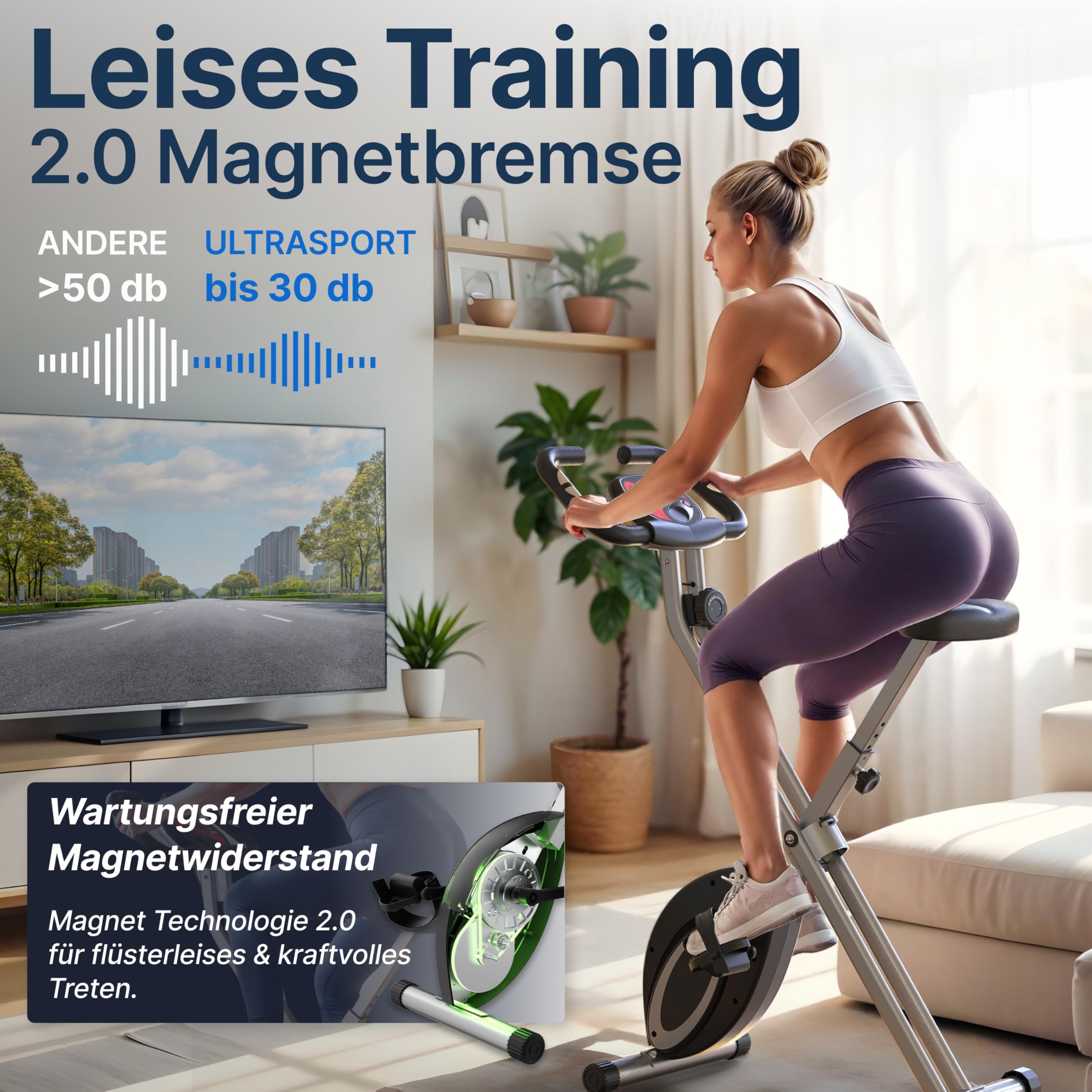 Ultrasport Heimtrainer Fahrrad Klappbar I Hometrainer Fahrrad Klappbar Extra Leise bis 130 KG mit Komfort-Sattel I Ergometer Heimtrainer, Fitnessbikes, Indoor Bike, Trimmrad