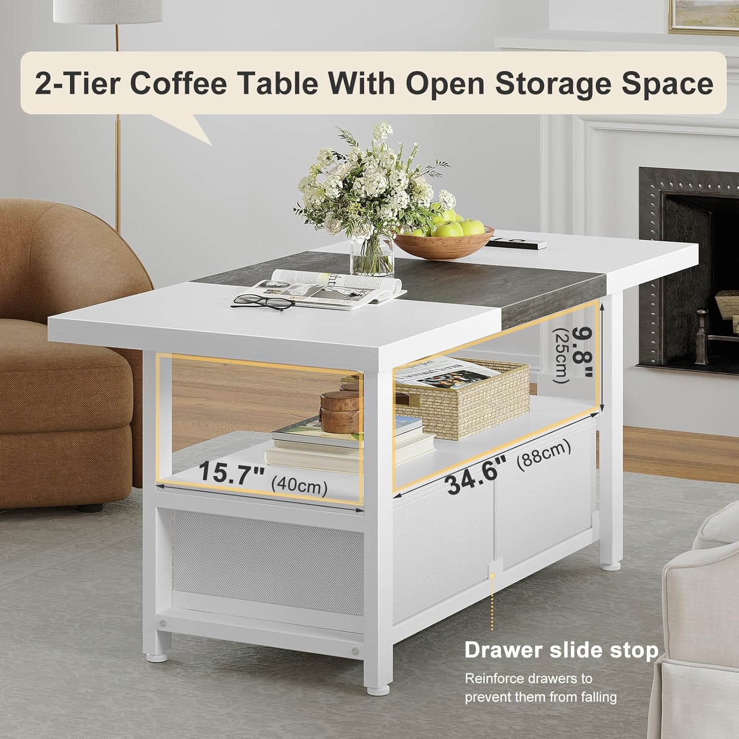 FABATO 2-Tier Coffee Table with Storage Shelf and 2 Drawers, 46'' Rectangular Center Table Wood Top for Living Room Reception Room, Metal Frame, Easy Assembly, Antique White