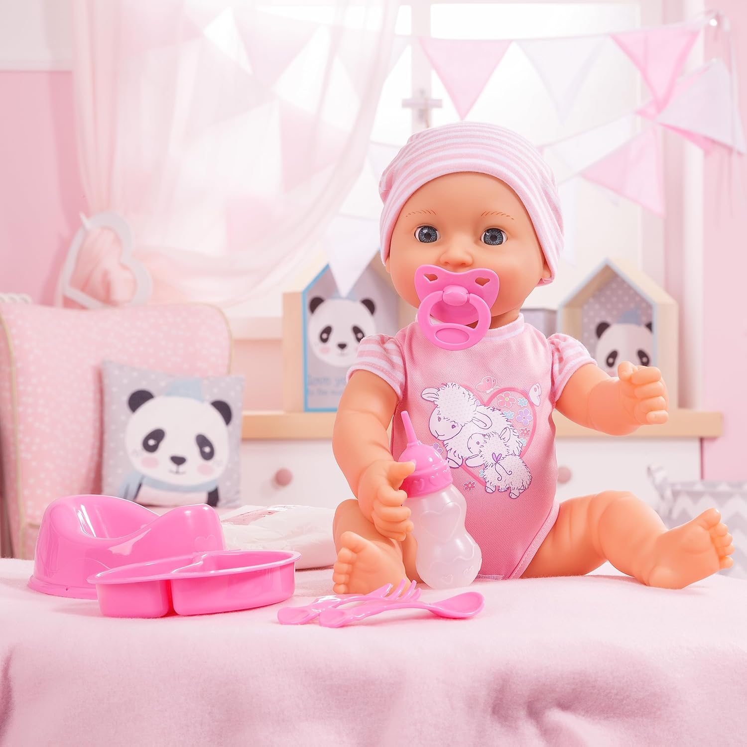 Bayer: Piccolina Newborn Baby Doll - 16" Pink Sheep - Potty Training Functions, Includes Feeding Accessories, Open/Closes Eyes