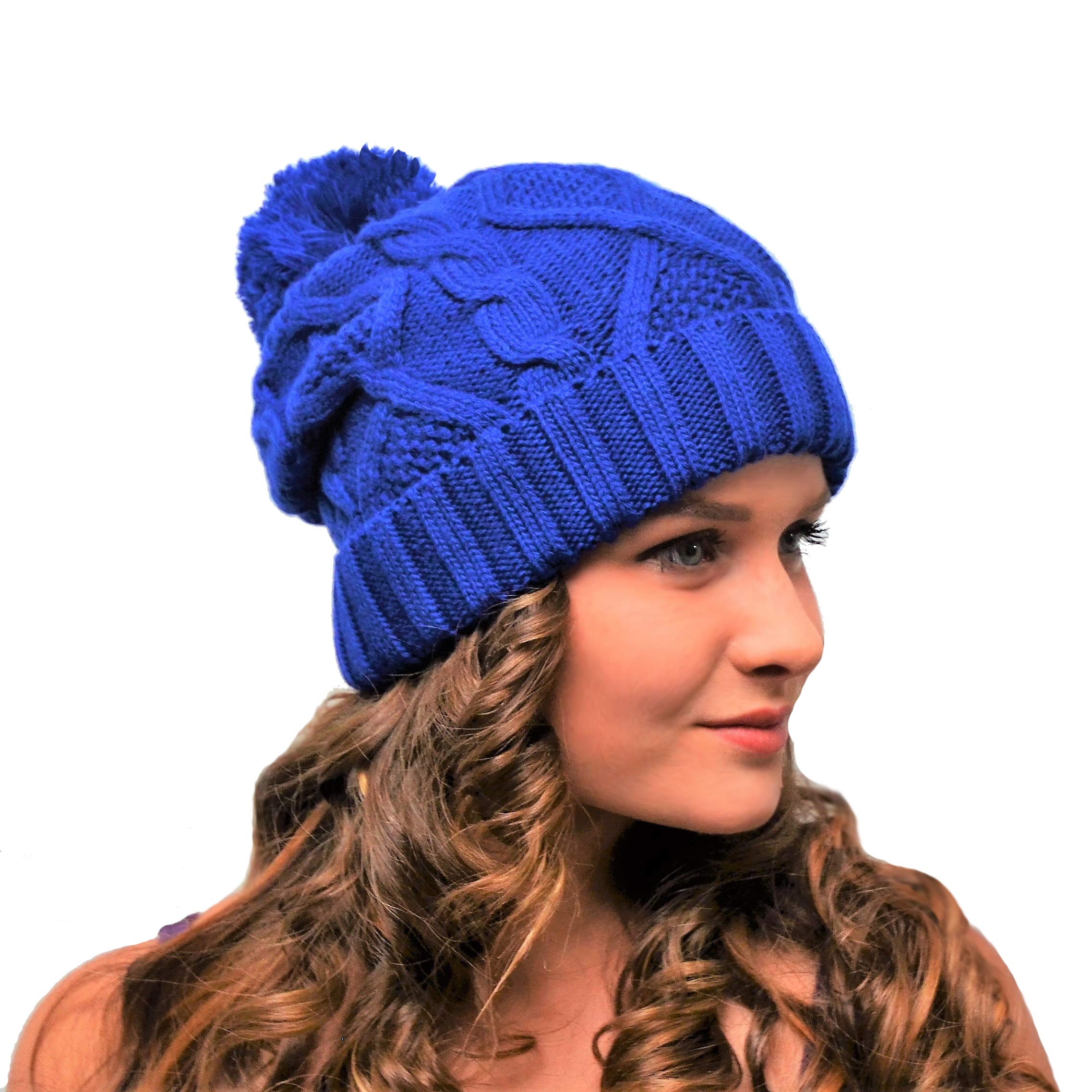 Entire Empire Women's Royal Blue Slouchy Bobble Hat Wool Men Winter Hat With Pom Pom - Pompom Beanie For Men And - Slouchy Beanie - Winter Mens (Blue)