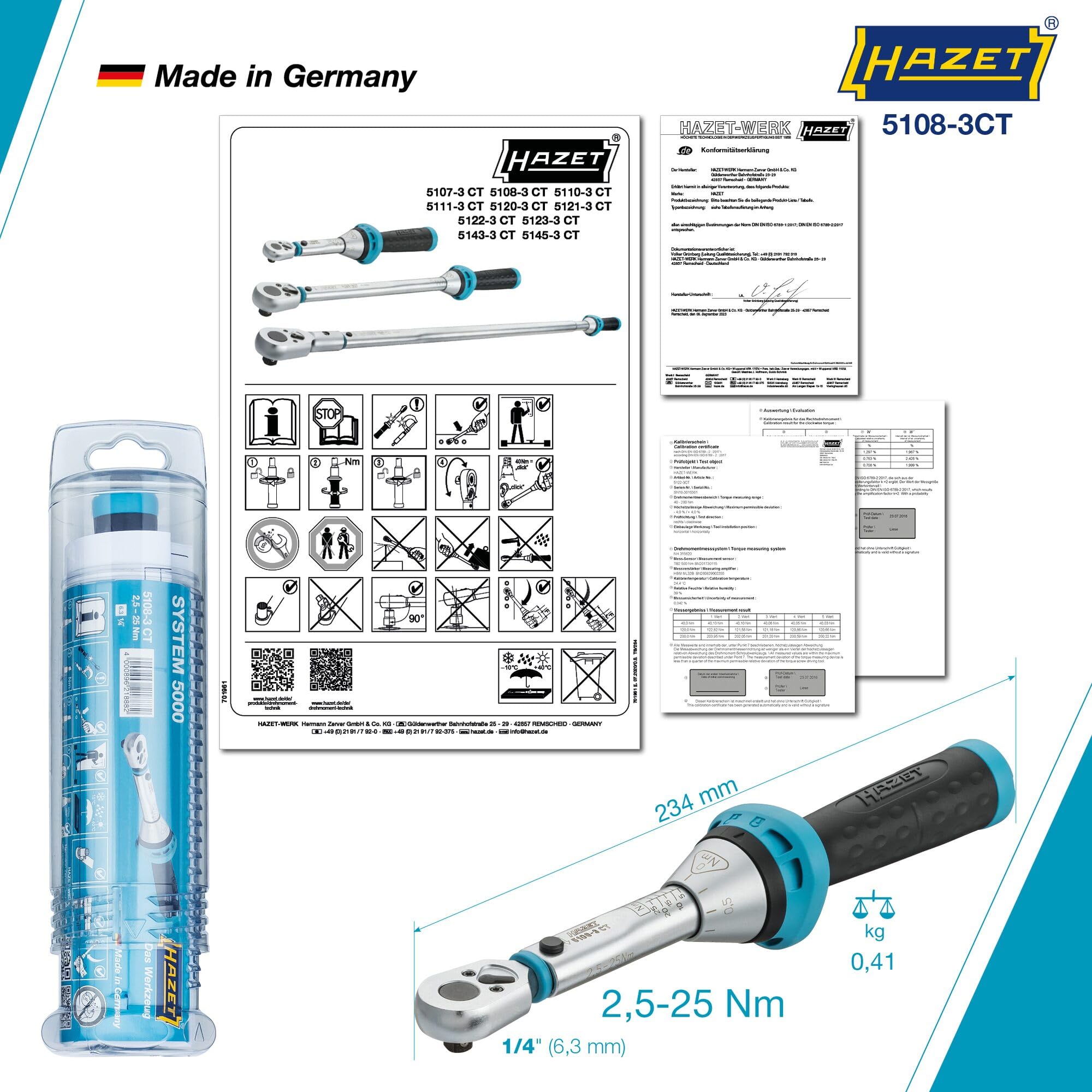 Clé dynamométrique HAZET 5108-3CT 6,3 mm (1/4 pouce) 3% 20 dents