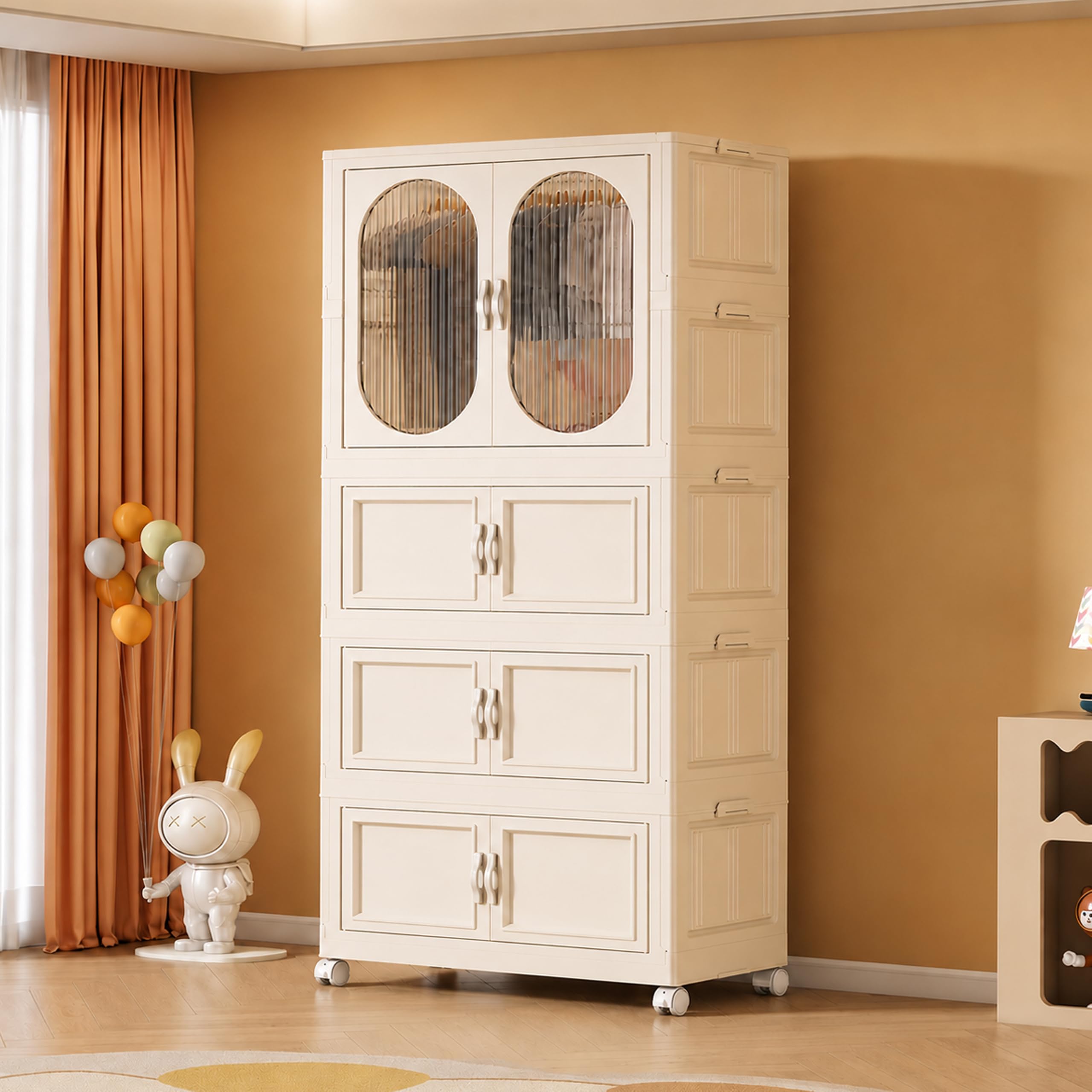 JD FRESH 5-Tier Foldable Plastic Cupboard for Storage/Stackable Transparent Storage Cabinet/Almirah Organizer with Magnetic Door & Wheels/Portable Wardrobe for Clothes, Toy, Books & Kitchen