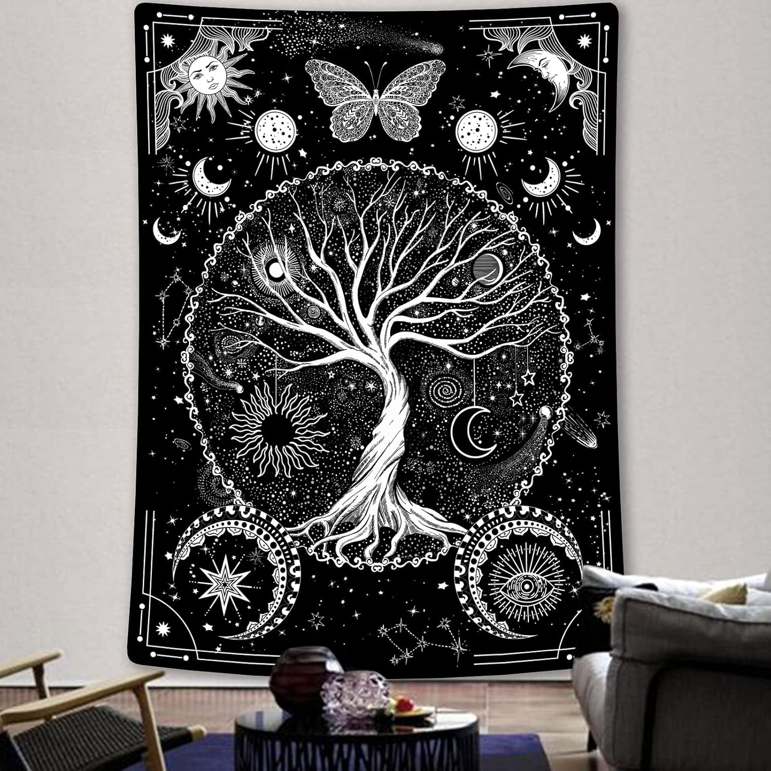 Accnicc Tree of Life Tapestry Black and White Tapestries