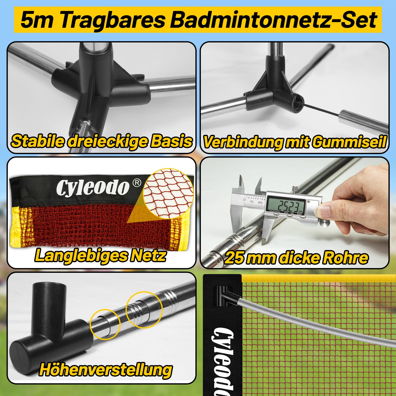 Filet de badminton portable réglable en hauteur - 5 m de long - Filet pliable pour pickleball, volleyball - Filet de sport facile à monter avec barres
