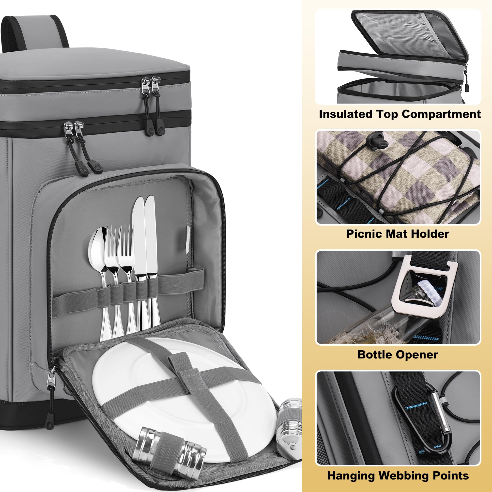 Sac à Dos Isotherme, 30L Grand Sac Glacière Étanche, Sac a Dos de Pique-Nique Portable pour Camping, Plage, Randonnée
