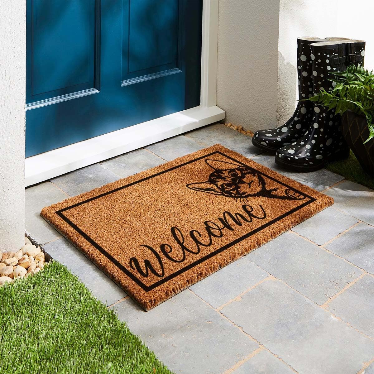 Funny Coir Doormat Outside Welcome Front Porch Decor Mat for The Entrance Way Personalized Rug with Heavy-Duty Non Slip Outdoor Coconut Coir Matt 23.6 x 15.7inch (Cat Welcome Black)