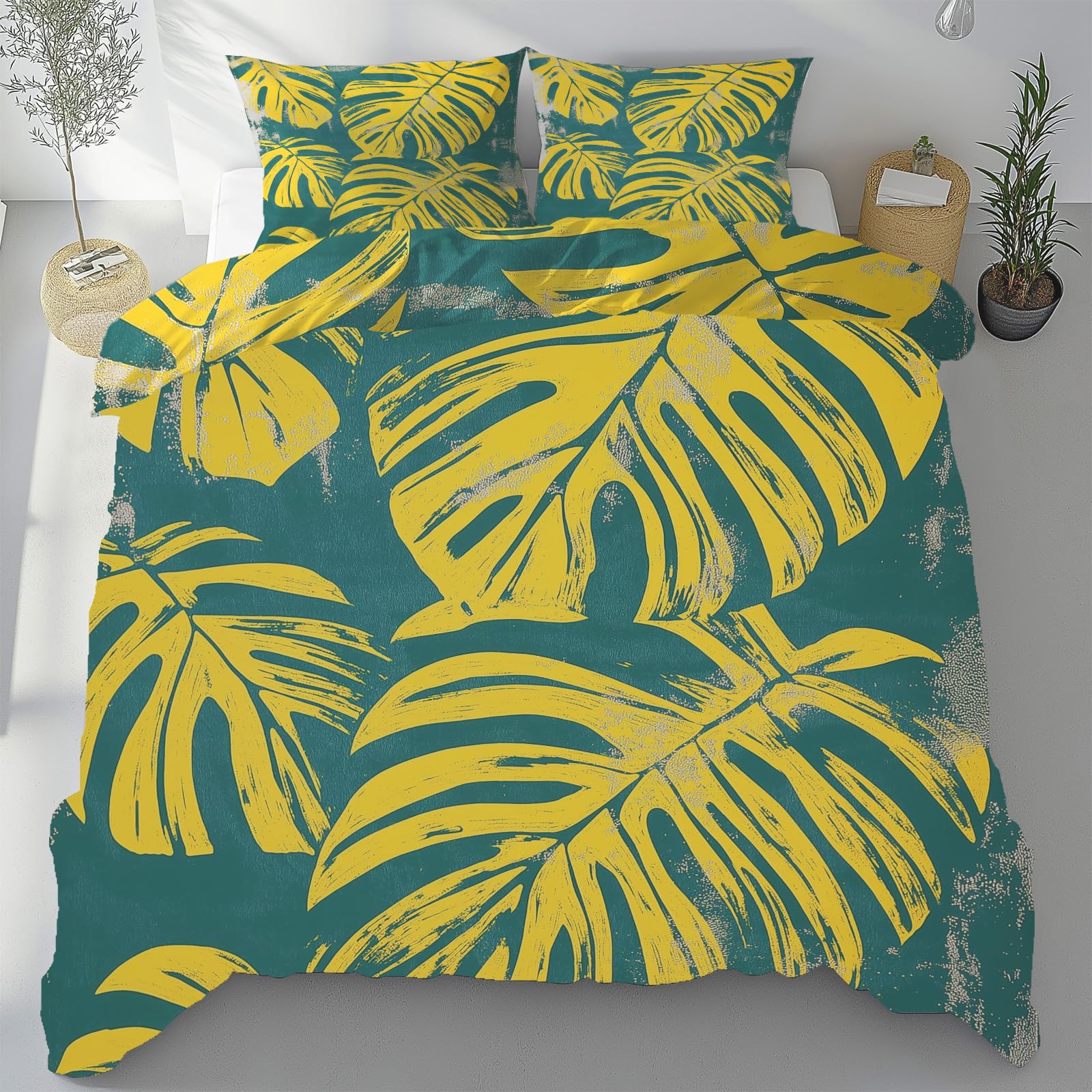 Housse de couette 240x260 sans pli fermeture éclair parure lit Monstera