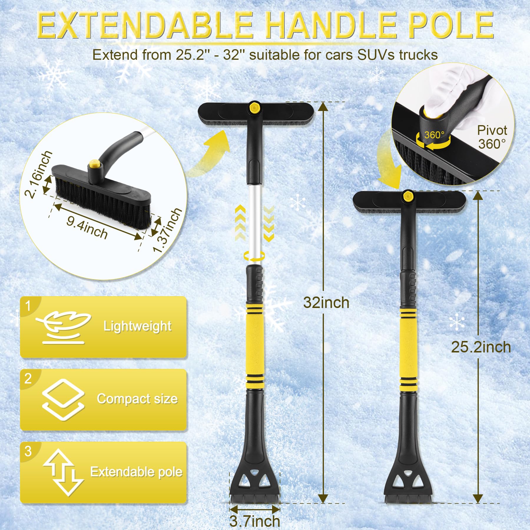 LivTee Rascador de hielo y cepillo de nieve para parabrisas de automóvil, herramienta extensible de 32 pulgadas para quitar nieve con cepillo giratorio de 360°, accesorios exteriores de automóviles y