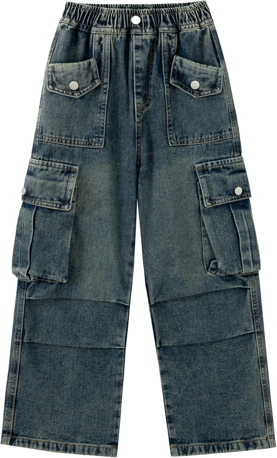 Girls Cargo Wide Leg Jeans Y2K Kids Loose Fit Boyfriend Denim Baggy Pants with Multi Pockets, 5-15Yrs
