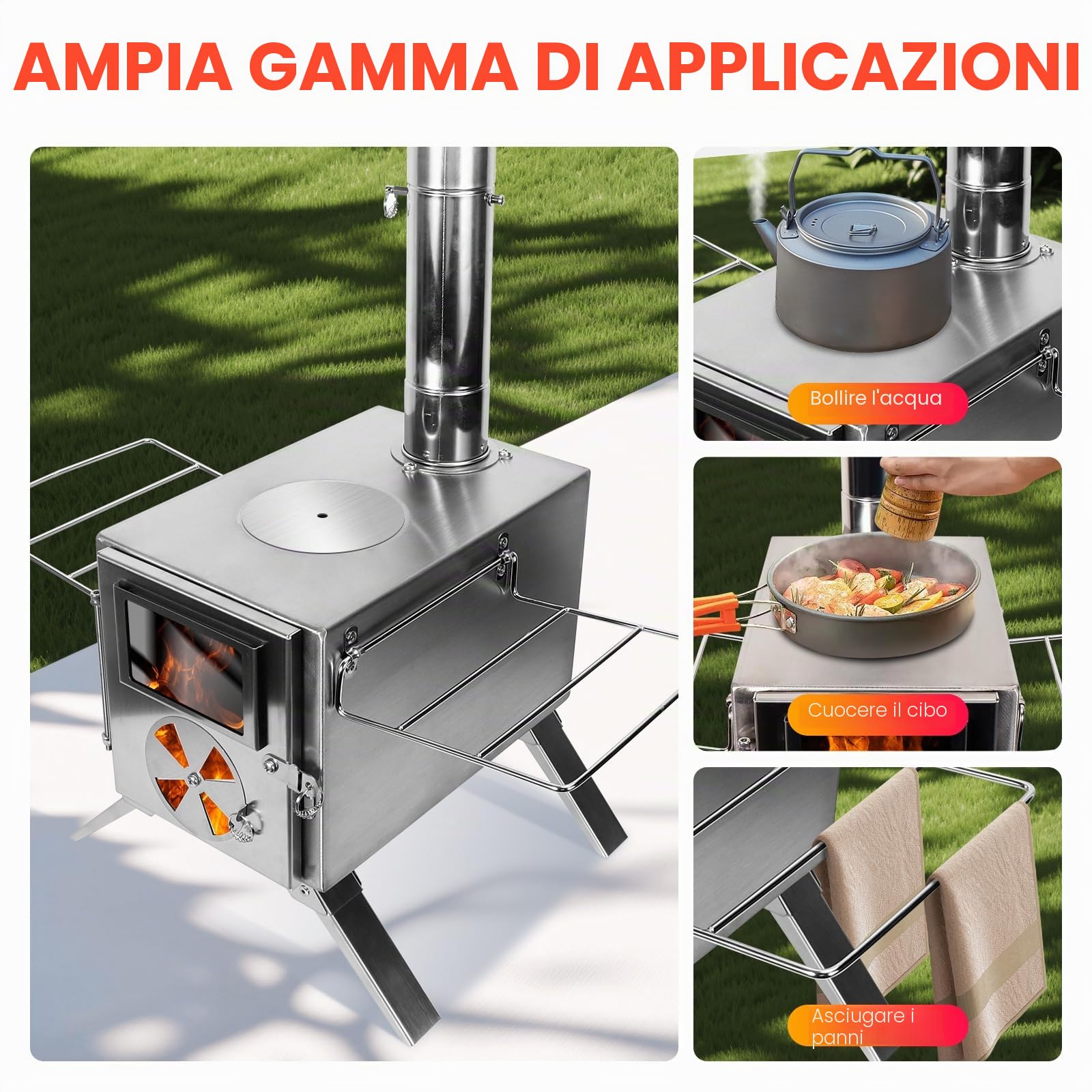 SOPPY - Mini stufa a legna da campeggio, portatile, in acciaio inox, con tubi per camino, pentole da campeggio per campeggio, riscaldamento, alloggio e cucina, argento