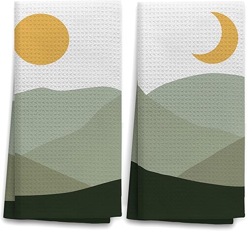OHSUL Juego de 2 paños de cocina abstractos bohemios con diseño de sol y luna, verde salvia, montaña verde salvia, altamente absorbentes, toallas de