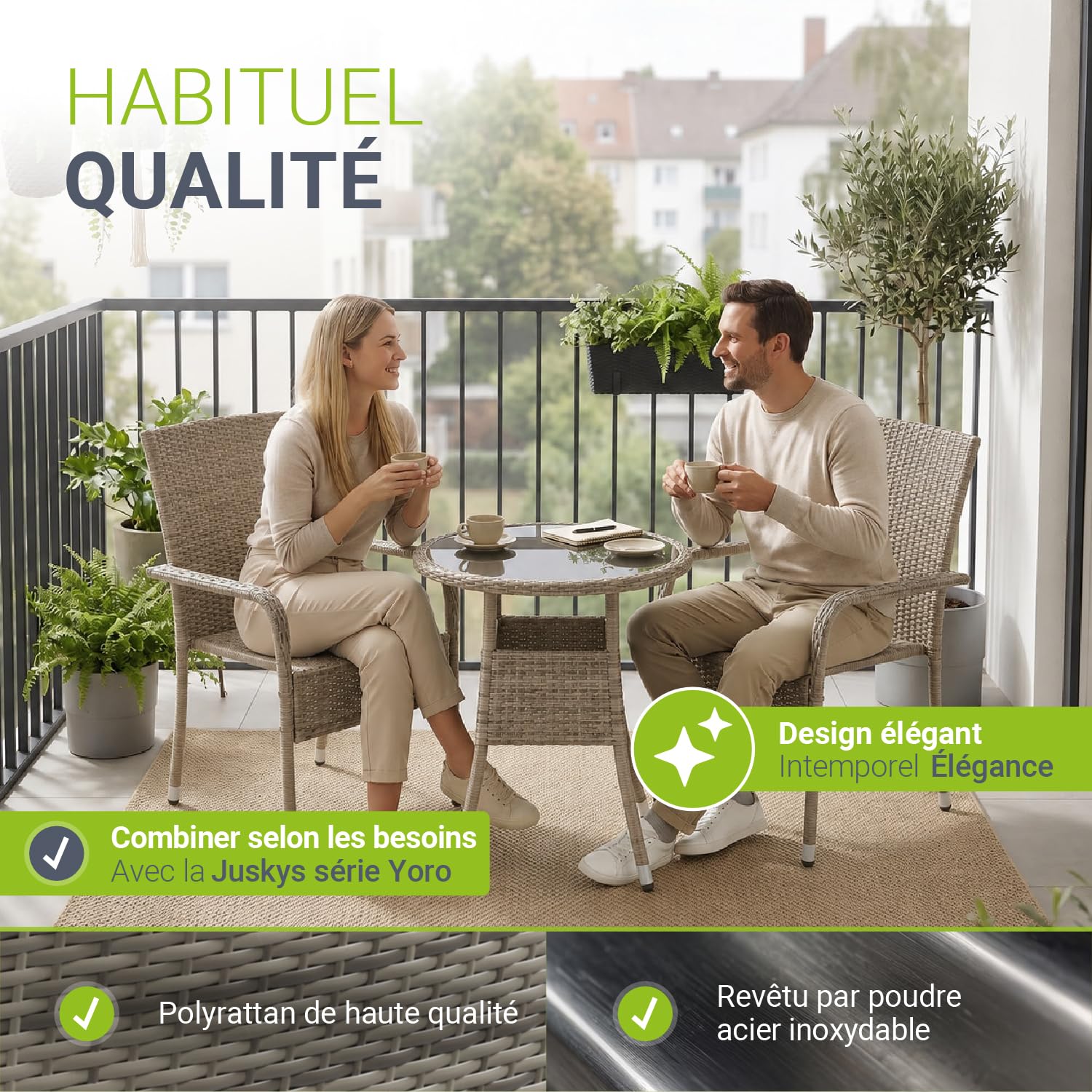 Juskys Ensemble de 4 chaises de Jardin Yoro en rotin avec accoudoirs et Dossier - 4 chaises empilables - Chaise en rotin pour Le Jardin - Chaise empilable Chaise de Balcon Gris chiné