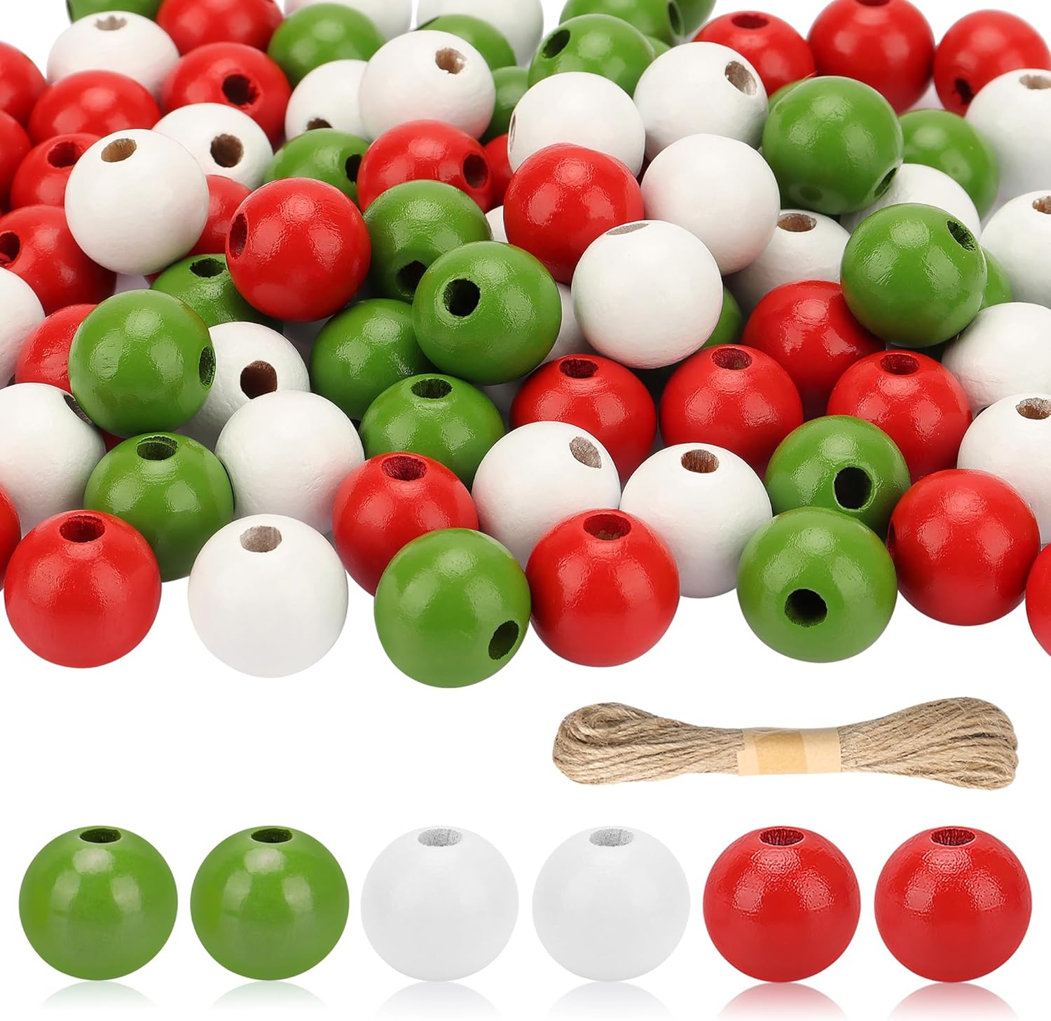 Lucleag 210Pcs Christmas Craft Wooden Bead, Red White Green