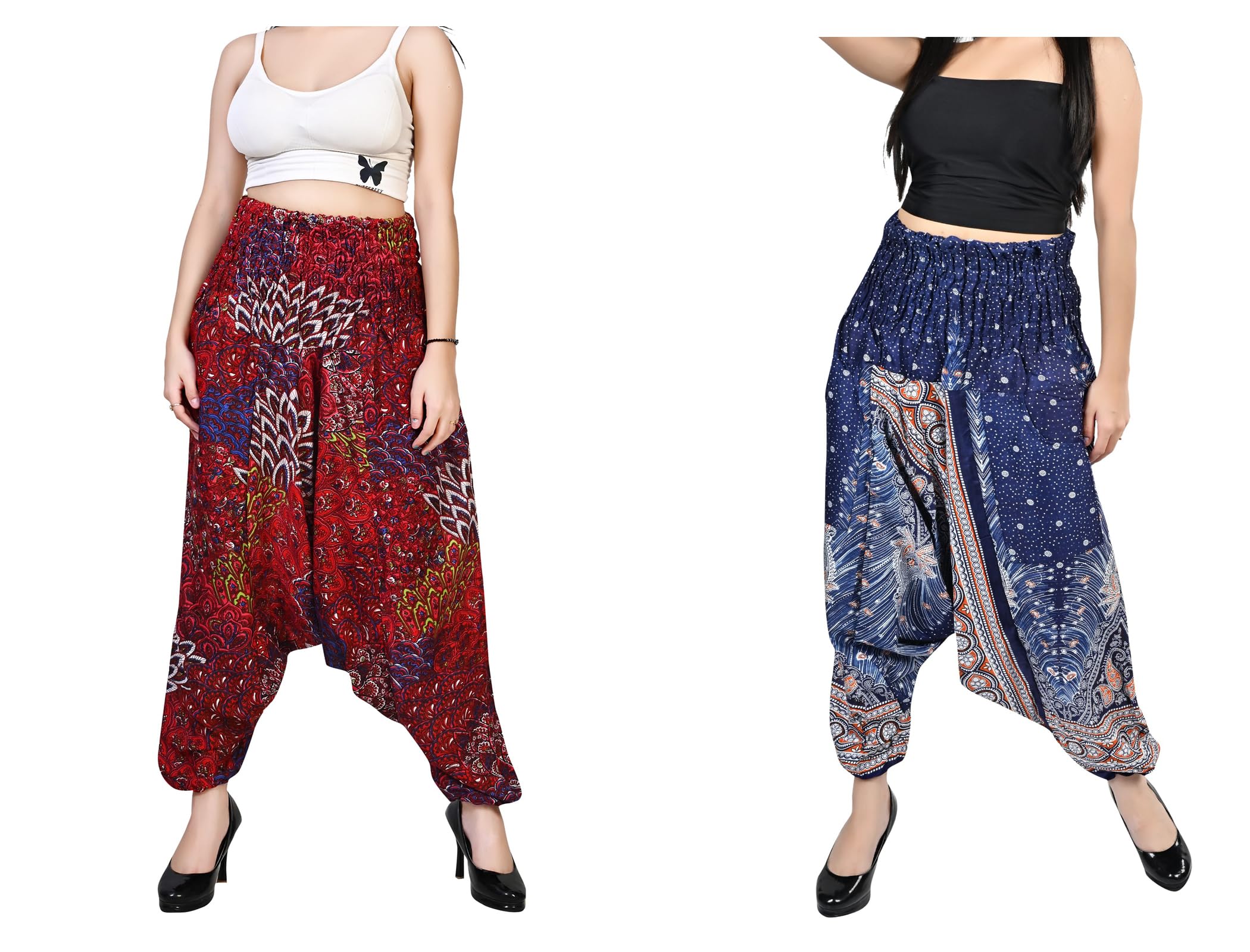 FusFus Women's Printed Cotton Rayon Harem Pant, Pack of Two (Multicolor, FS582)