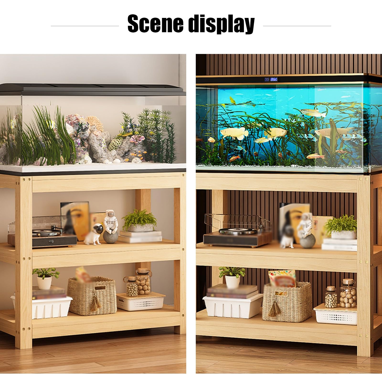 Supporto Acquario, Acquario con Mobile, Supporto per Terrario | Scaffale a 3 Ripiani in Legno di Pino Massello, Portata 250 kg, Pratico Design a Giorno(40x30x70cm/16x12x28in)