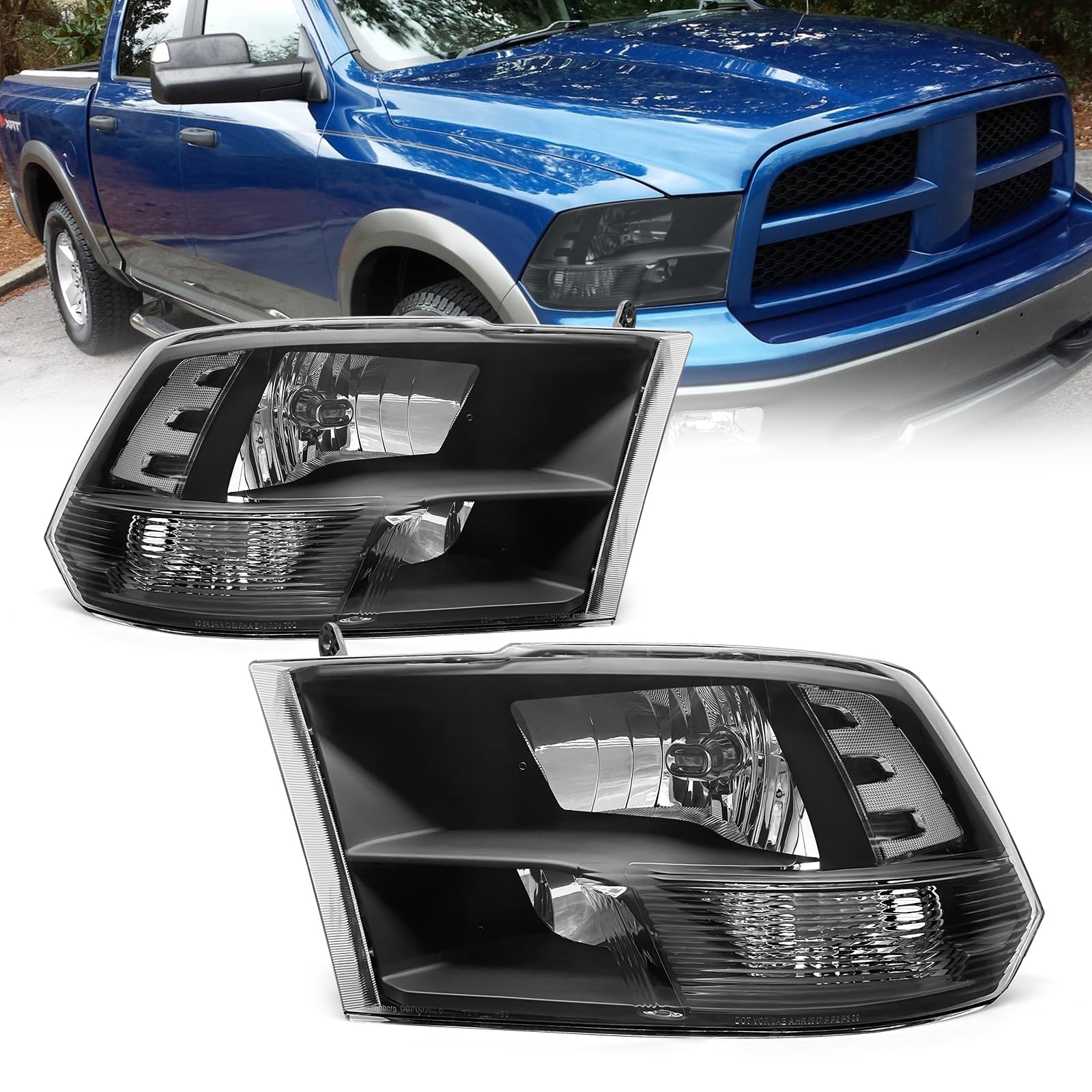 Photo 1 of Headlight Assembly Compatible with 2009-2018 Dodge Ram 1500 2500 3500 Black Housing Clear Reflector Driver and Passenger Side Black Housing Clear Reflector Clear Lens