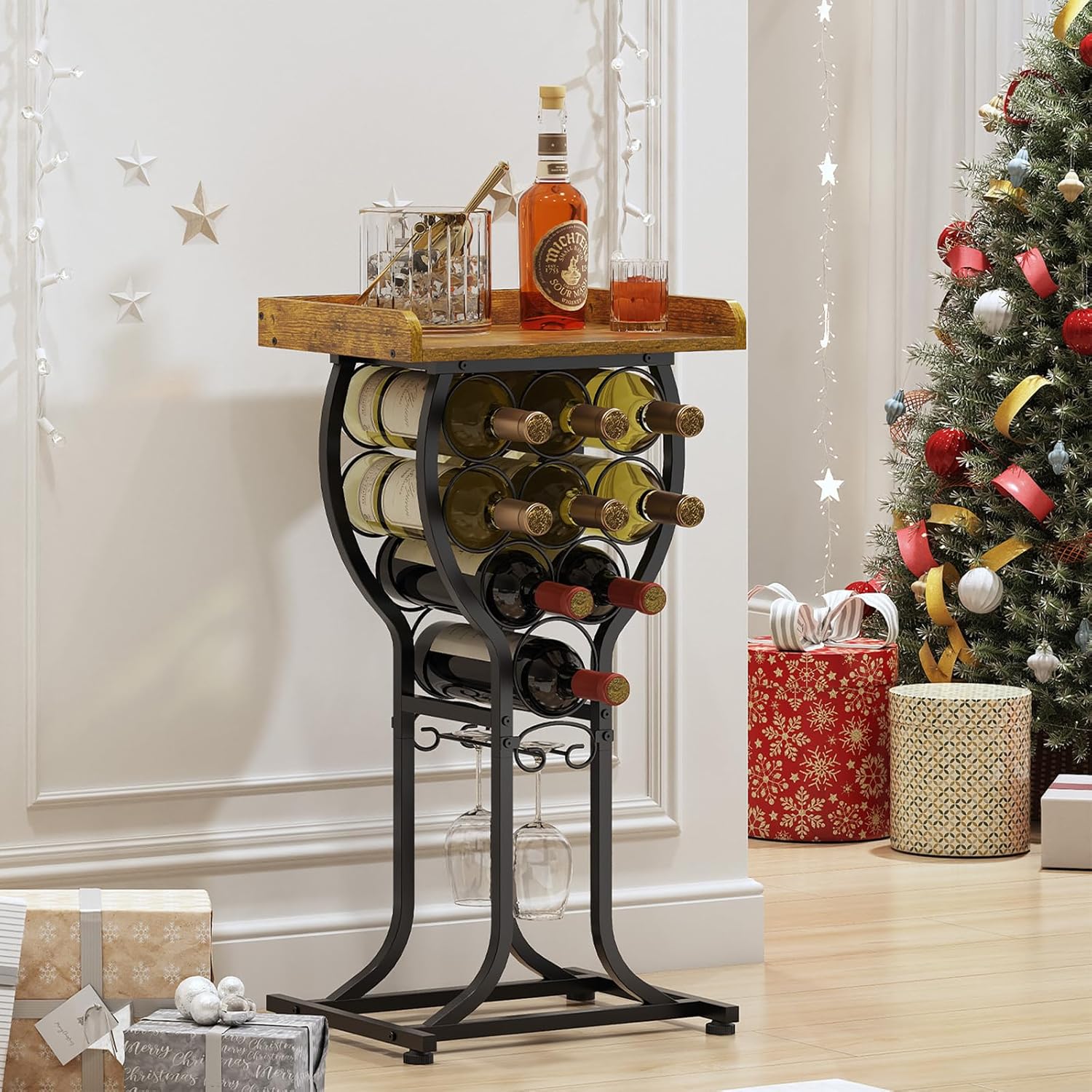 X-cosrack Wine Rack Freestanding Floor, Mini Wine Storage Rack, Desktop Wine Bottle Display Stand with Wine Glass Holder, Mini Bar Table with Tabletop for Home Bar Kitchen Living Room