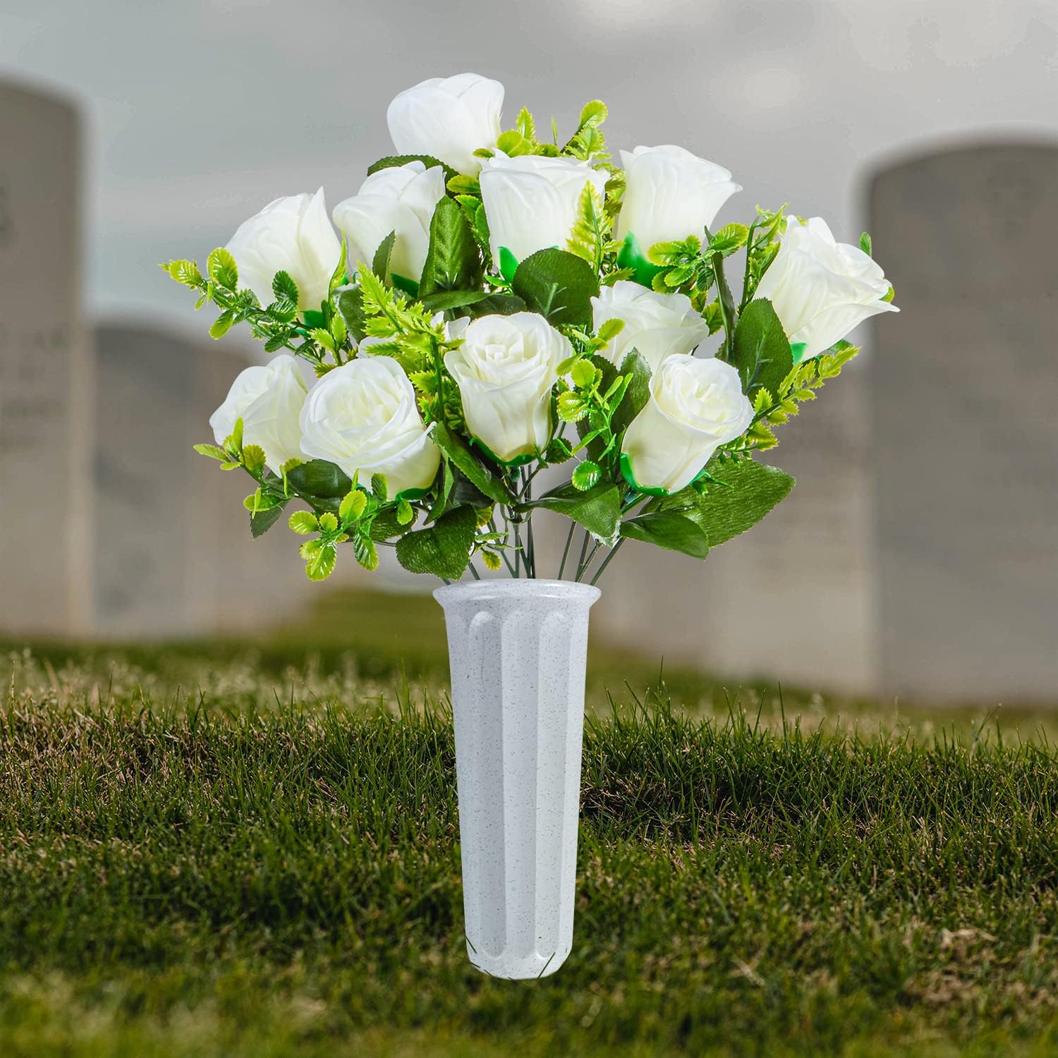 XONOR Artificial Cemetery Flowers, Set of 2 Artificial Rose Bouquet Grave Memorial Flowers with Vase for Cemetery Headstones Decoration (White, Set of 4)