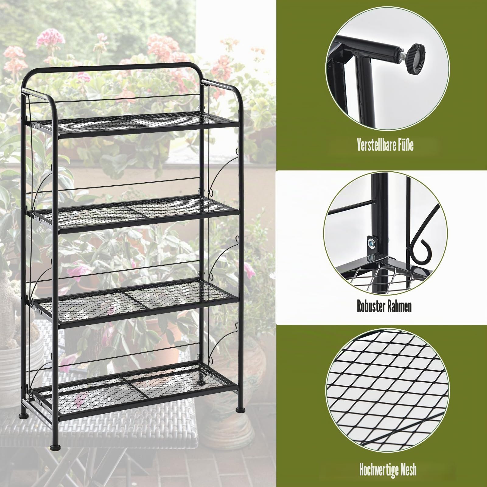 HOMASIS Pflanzregal mit 4 Ebenen, Klappbarer Pflanzenständer aus Metall, Blumenregal mit verstellbare Ablagen, Mehrzweckregal Blumentreppe Pflanzentreppe für Balkon, Garten, 60 x 25 x 100 cm, Schwarz
