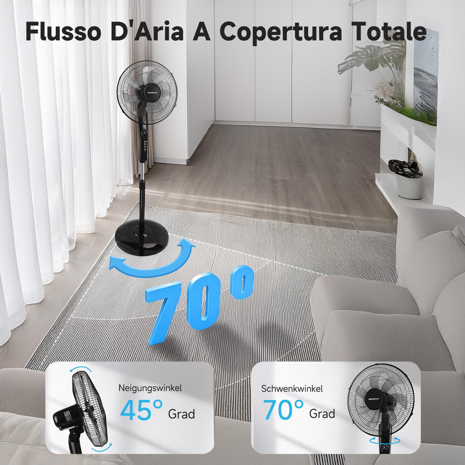 Aigostar Ventilatore a Piantana Potente da 55W con Telecomando, 7 Pale Ventilatore Silenzioso, 3 Modalità e 3 Velocità, Oscillazione 70°, Altezza Regolabile fino a 140 cm, Base Rotonda, Nero