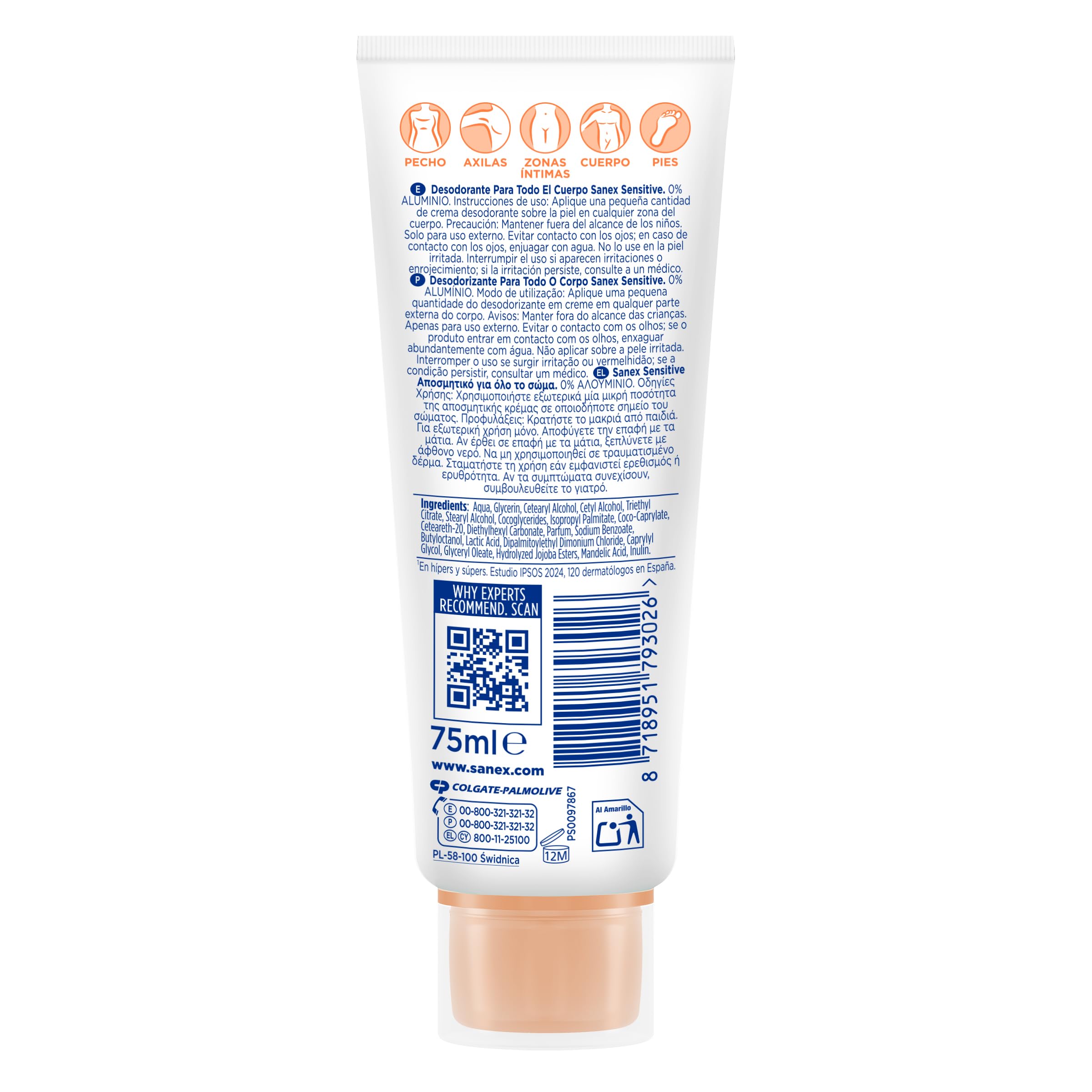 Sanex Crema Todo el Cuerpo Deo Sensitive 75ml, Desodorante para Manos, Pies, Axilas, Cuerpo y Zonas Íntimas, Protección 72H contra olor Clínicamente Probada,Testado Ginecológicamente, Hipoalergénico — view 2