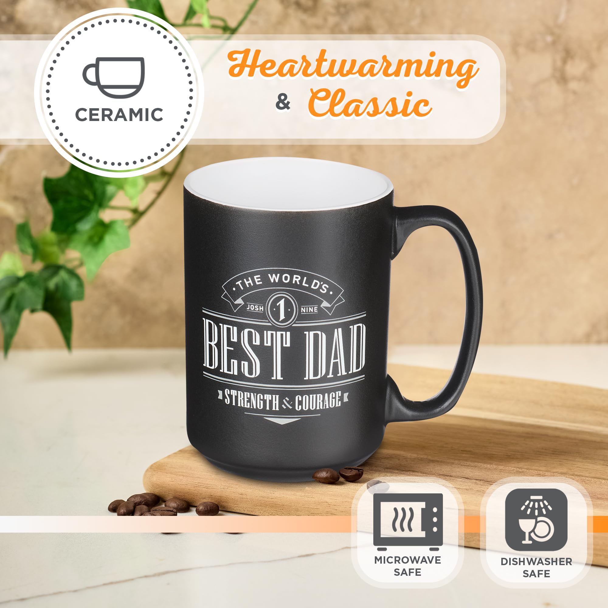 Christian Art Gifts Duży ceramiczny kubek do kawy i herbaty dla ojców i ojców: World's Best Dad Strength & Courage Inspirujący werset biblijny, nietoksyczny bezołowiowy, nadaje się do kuchenki