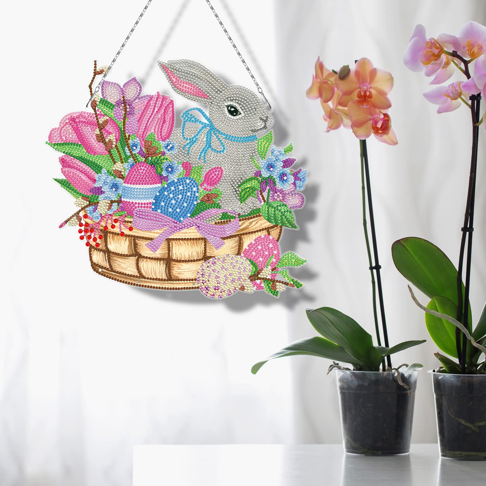 ZOYIEP 5D Easter Diamond Painting Kit, Rabbit Easter Eggs DIY Pendant with Hanging Chain, Wall Decoration (B) - Image 4