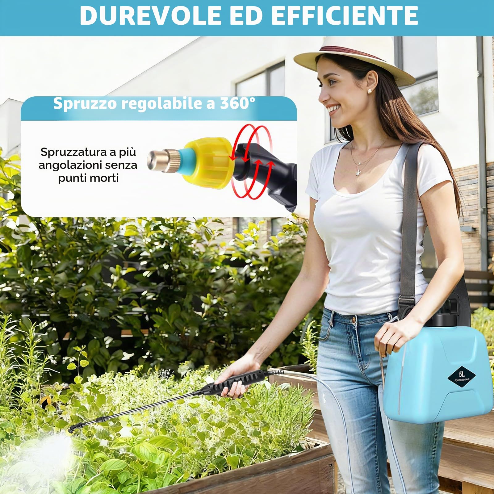 Nikou Pompa Irroratrice a Batteria 5Litri, Spruzzatore Elettrico da Giardino Spruzzatore a Pressione con 3 Ugelli, Lancia Telescopica, Spruzzino Nebulizzatore Piante per Prato Irrigazione Diserbo
