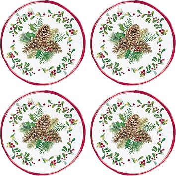 UP UPware Pinecones Melamine Round Dessert Plates, Small Serving Plates, Christmas Decorations, for Appetizer, Snacks, and Side Dishes, Red, 6 Inch, Set of 4