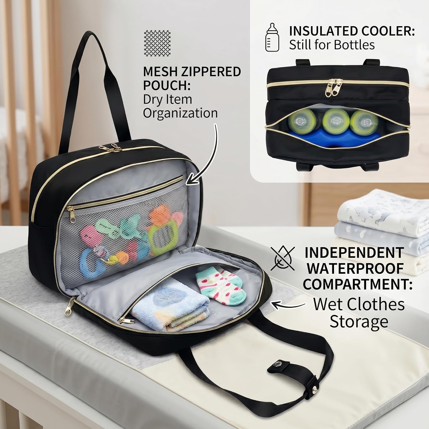 Breastmilk Cooler Bag, Breast Milk Cooler Travel Bag with Ice Bucket - Waterproof Dry-Wet Separation, Multi-Compartment for Breast Pump & Bottles, Black