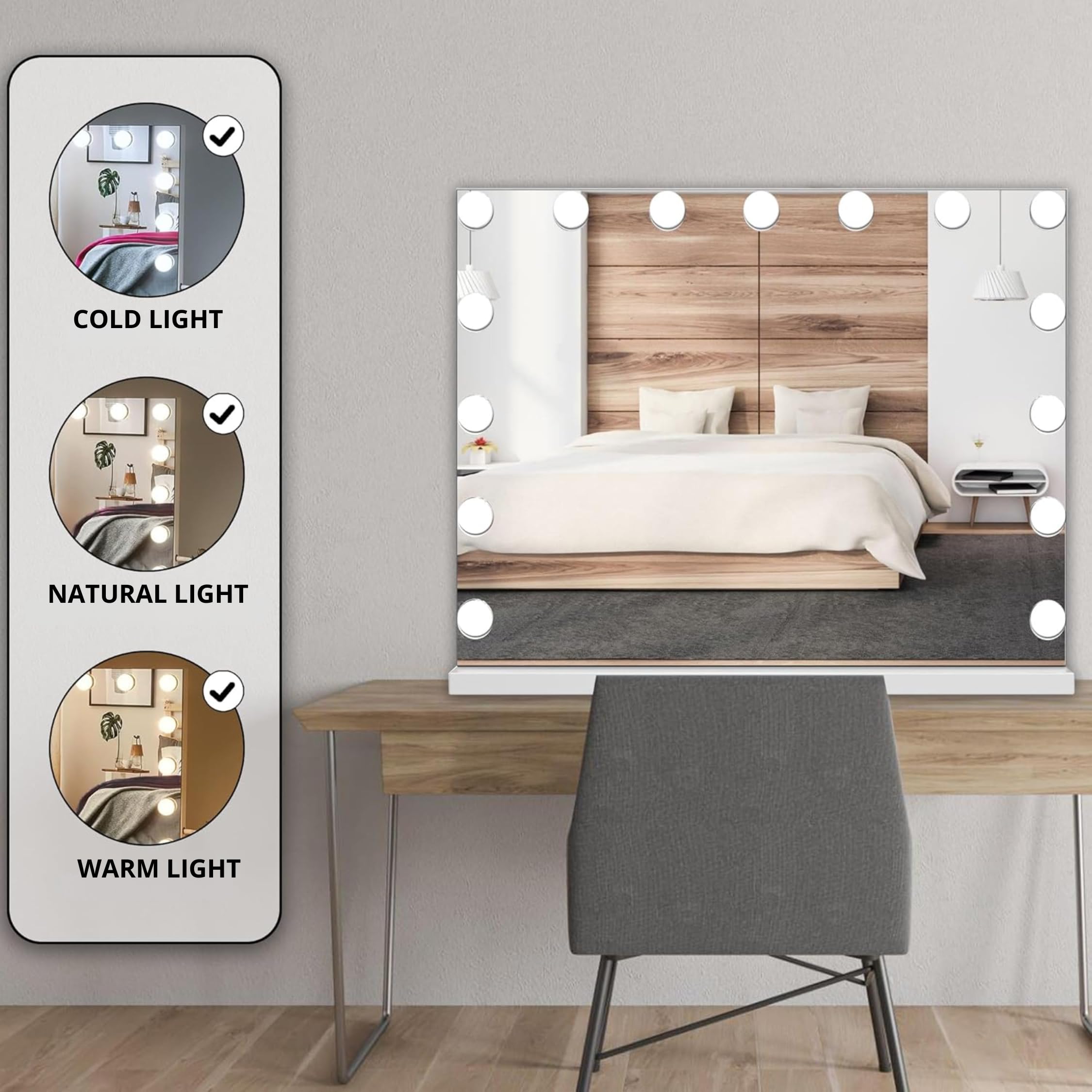 Bayt Specchio Trucco con luci LED – Specchio Hollywood bianco 58x46 cm con 15 lampadine dimmerabili, 3 tonalità di luce (calda, fredda, naturale), touch screen