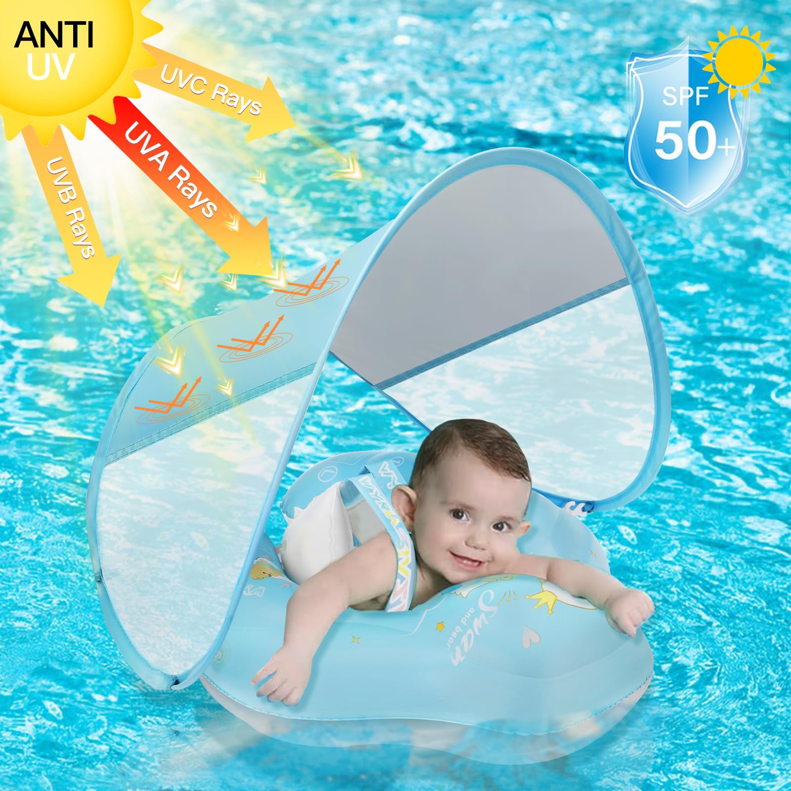 LOOWARTS Salvagente Neonato 1 anno,Ciambella Neonato mare 3-12 mesi Piscina Salvagente Bambini UPF50+ con Parasole e Seggiolino di Sicurezza.