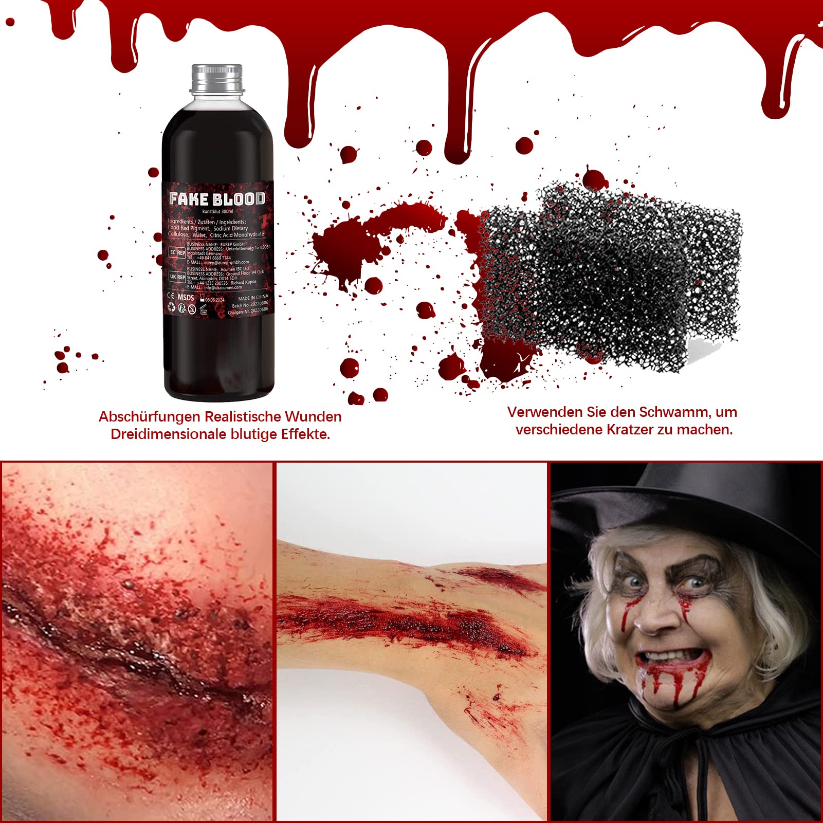 Sangre Artificial Roja 5 Botellas De 30 Ml – Efecto Realista Para Halloween, Zombis, Vampiros, Fiestas De Miedo Y Teatro Profesional