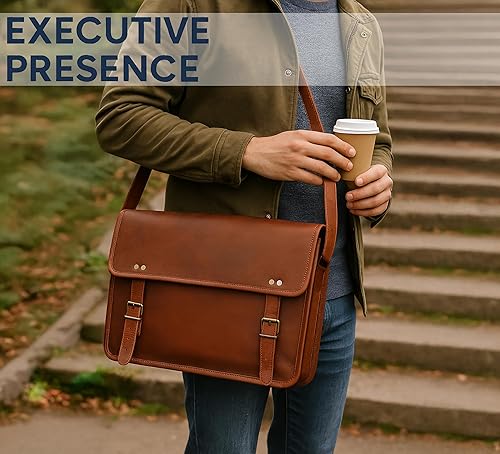 Miniatura 7 de RUSTIC TOWN Bolso bandolera de cuero para hombres y mujeres, bolso de hombro de cuero de grano completo para computadora portátil